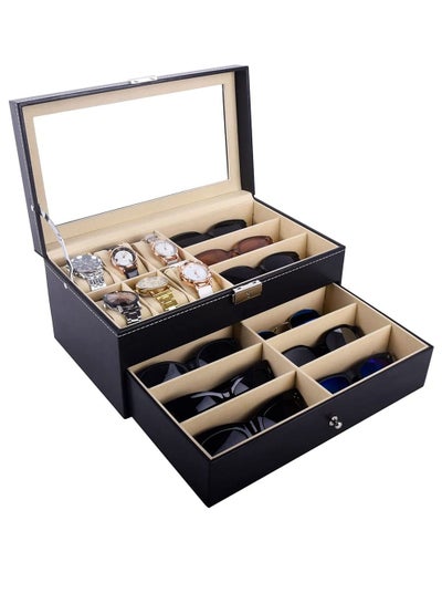 Leather Eyeglasses and Watch Display Drawer Lockable Case Organizer 6 Slots + 9 Compartments Black